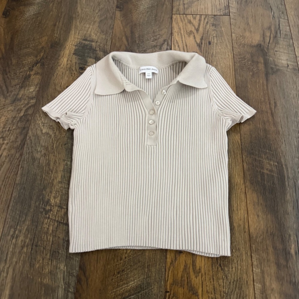 Calvin Klein Jeans Ribbed Knit Polo Shirt Beige Short Sleeve Top Small Minimal